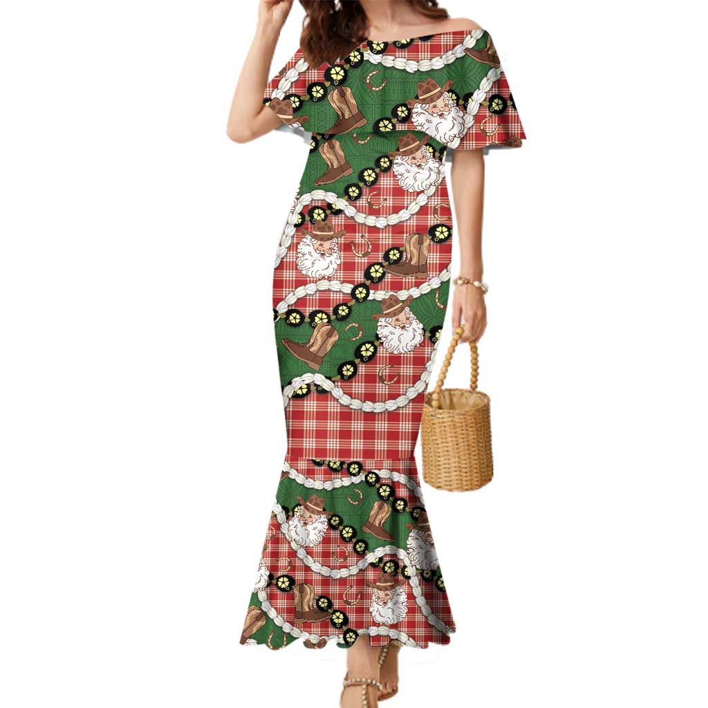 Cowboy Hawaii Mele Kalikimaka Family Matching Mermaid Dress and Hawaiian Shirt Paniolo Kukui Nut Pikake Lei Red Version LT14 Mom's Dress Red - Polynesian Pride