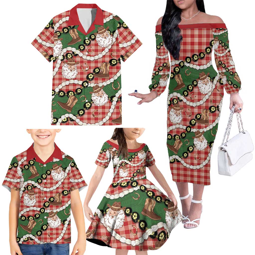 Cowboy Hawaii Mele Kalikimaka Family Matching Off The Shoulder Long Sleeve Dress and Hawaiian Shirt Paniolo Kukui Nut Pikake Lei Red Version LT14 - Polynesian Pride