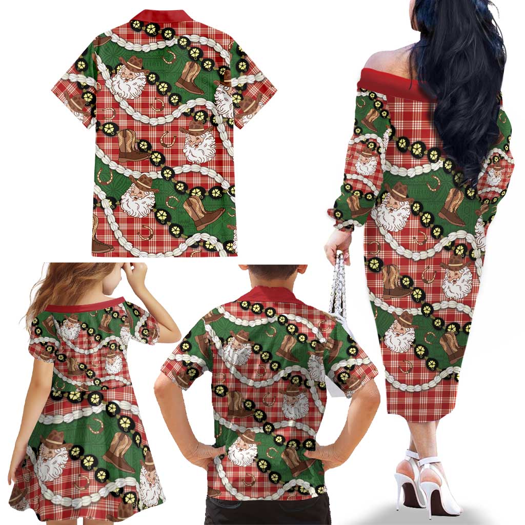 Cowboy Hawaii Mele Kalikimaka Family Matching Off The Shoulder Long Sleeve Dress and Hawaiian Shirt Paniolo Kukui Nut Pikake Lei Red Version LT14 - Polynesian Pride