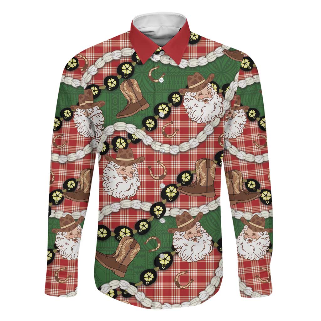 Cowboy Hawaii Mele Kalikimaka Family Matching Off Shoulder Maxi Dress and Hawaiian Shirt Paniolo Kukui Nut Pikake Lei Red Version LT14 Dad's Shirt - Long Sleeve Red - Polynesian Pride