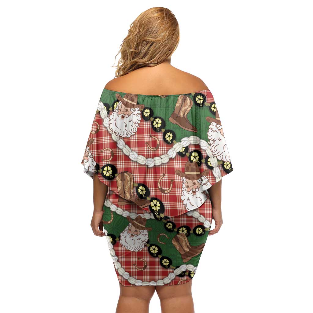Cowboy Hawaii Mele Kalikimaka Family Matching Off Shoulder Short Dress and Hawaiian Shirt Paniolo Kukui Nut Pikake Lei Red Version LT14 - Polynesian Pride