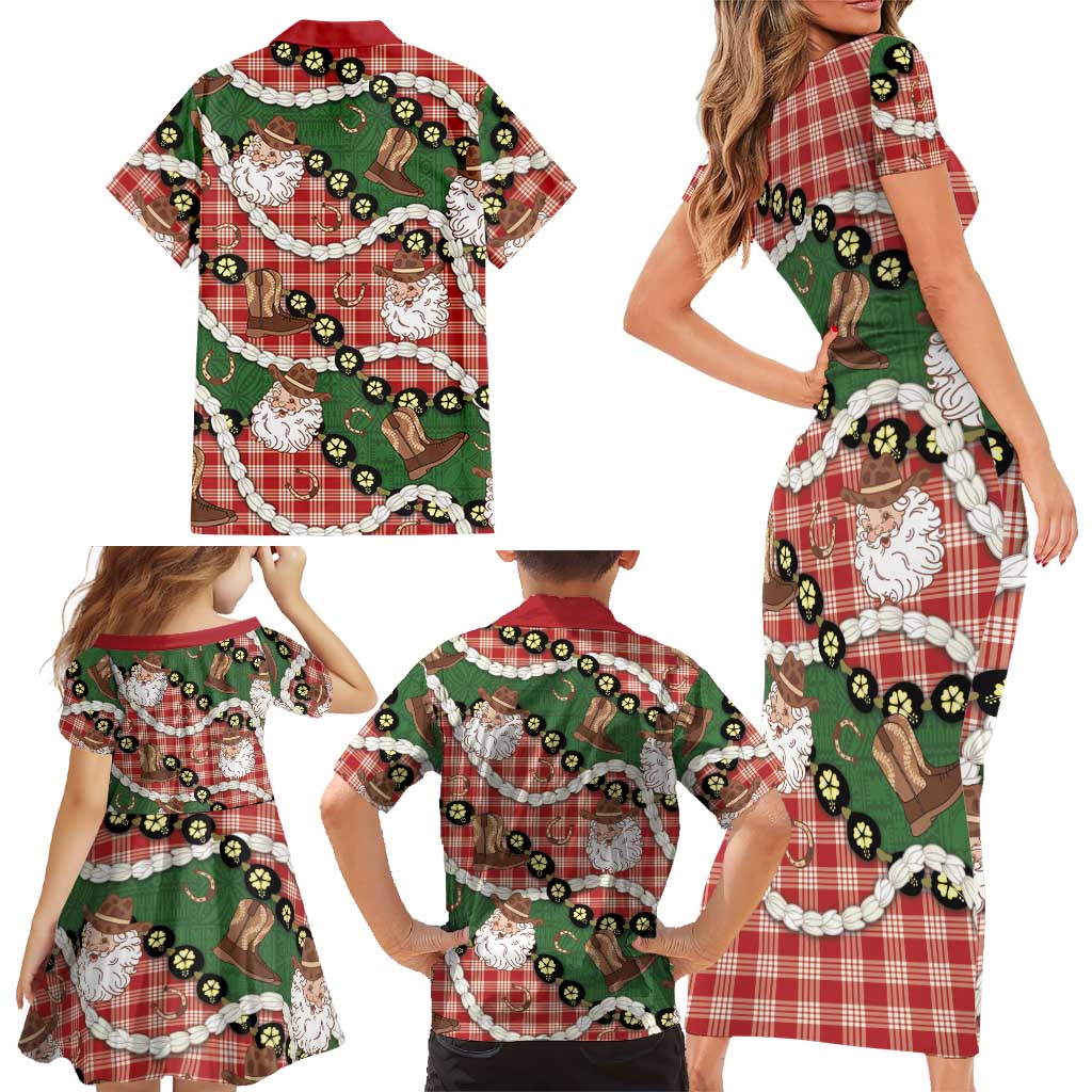 Cowboy Hawaii Mele Kalikimaka Family Matching Short Sleeve Bodycon Dress and Hawaiian Shirt Paniolo Kukui Nut Pikake Lei Red Version LT14 - Polynesian Pride