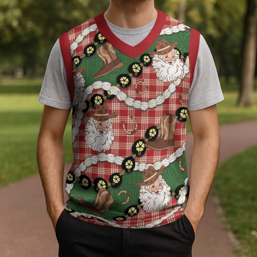 Cowboy Hawaii Mele Kalikimaka Christmas Knitted V-Neck Vest Paniolo Kukui Nut Pikake Lei Red Version LT14 - Polynesian Pride