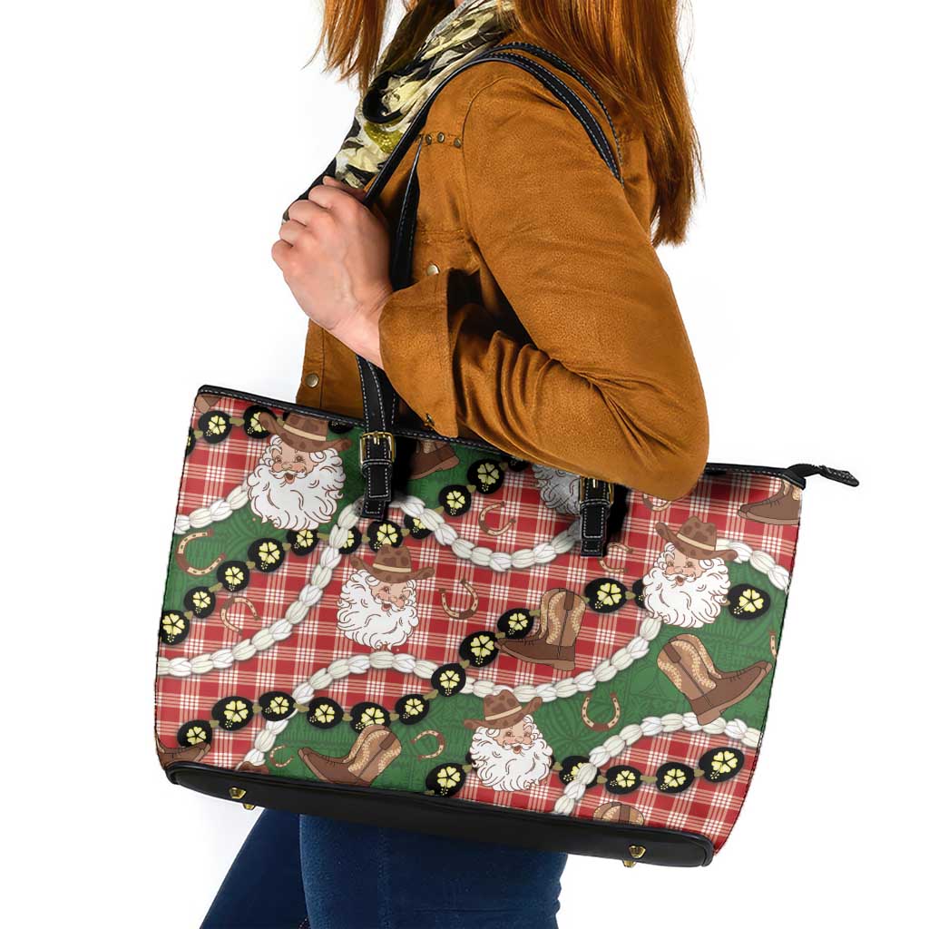 Cowboy Hawaii Mele Kalikimaka Leather Tote Bag Paniolo Kukui Nut Pikake Lei Red Version - Polynesian Pride