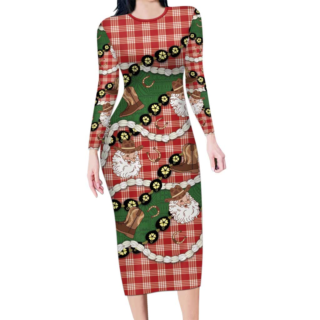 Cowboy Hawaii Mele Kalikimaka Long Sleeve Bodycon Dress Paniolo Kukui Nut Pikake Lei Red Version LT14 Long Dress Red - Polynesian Pride