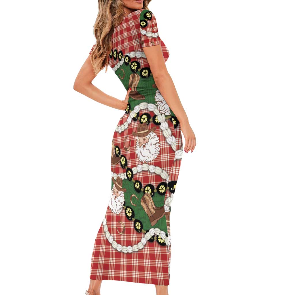 Cowboy Hawaii Mele Kalikimaka Short Sleeve Bodycon Dress Paniolo Kukui Nut Pikake Lei Red Version LT14 - Polynesian Pride