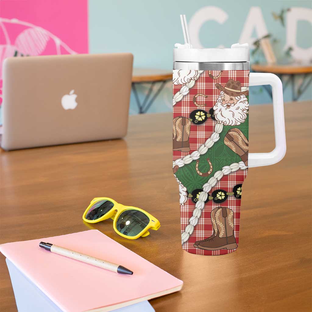 Cowboy Hawaii Mele Kalikimaka Tumbler With Handle Paniolo Kukui Nut Pikake Lei Red Version - Polynesian Pride