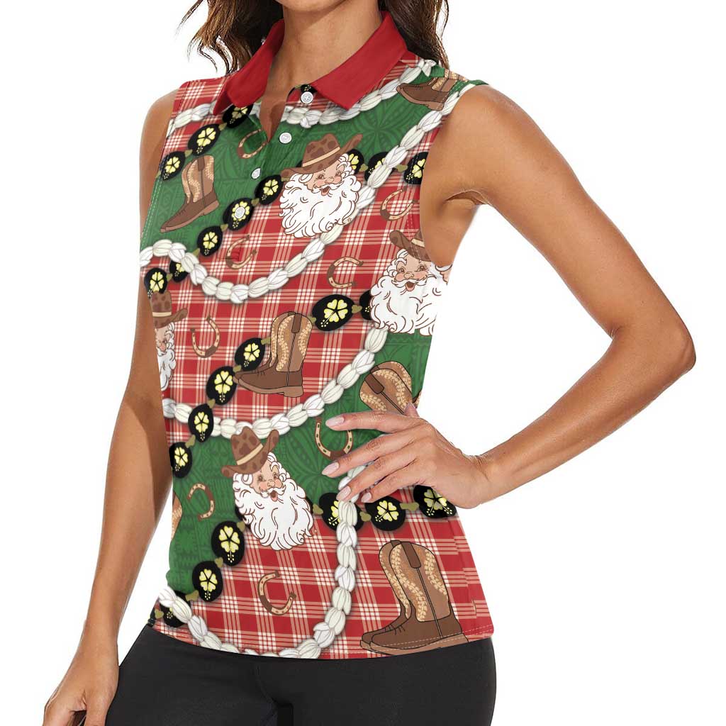 Cowboy Hawaii Mele Kalikimaka Women Sleeveless Polo Shirt Paniolo Kukui Nut Pikake Lei Red Version LT14 - Polynesian Pride
