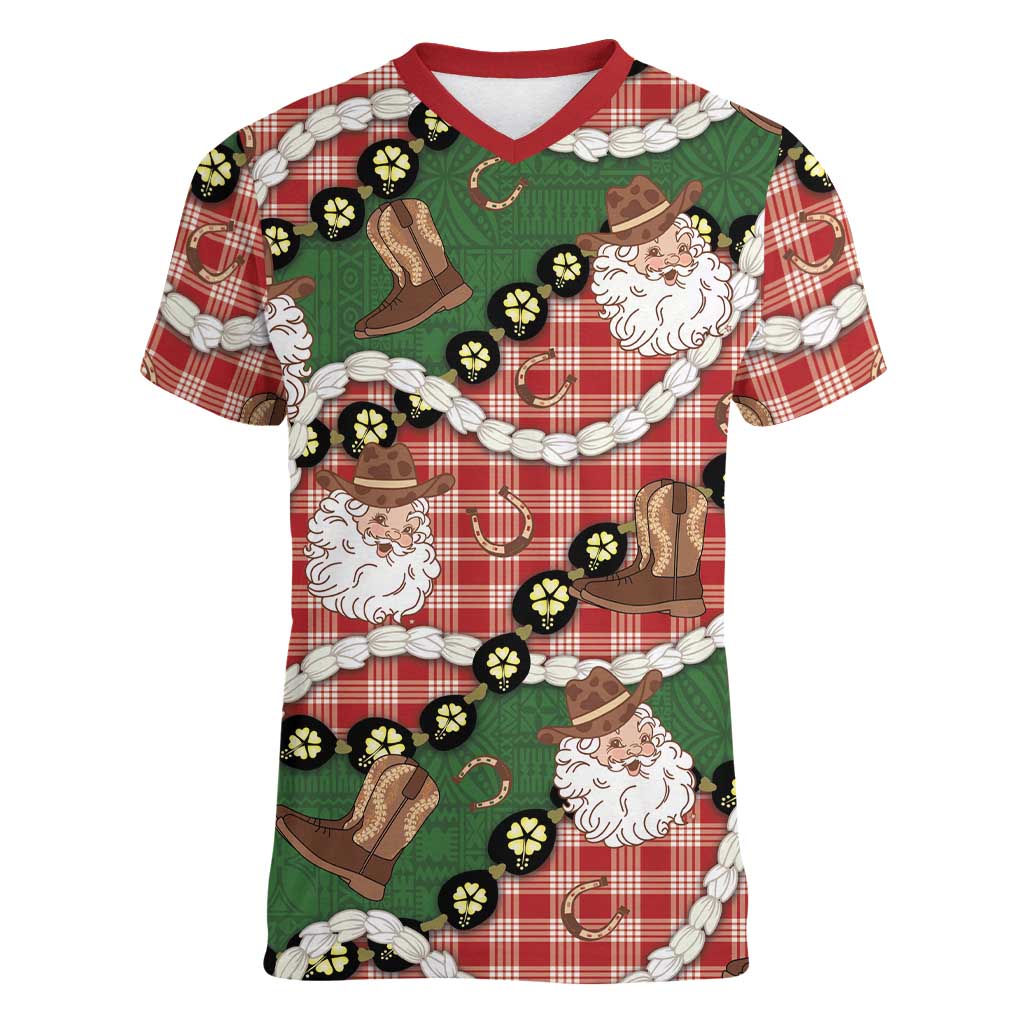 Cowboy Hawaii Mele Kalikimaka Women V-Neck T-Shirt Paniolo Kukui Nut Pikake Lei Red Version LT14 Female Red - Polynesian Pride