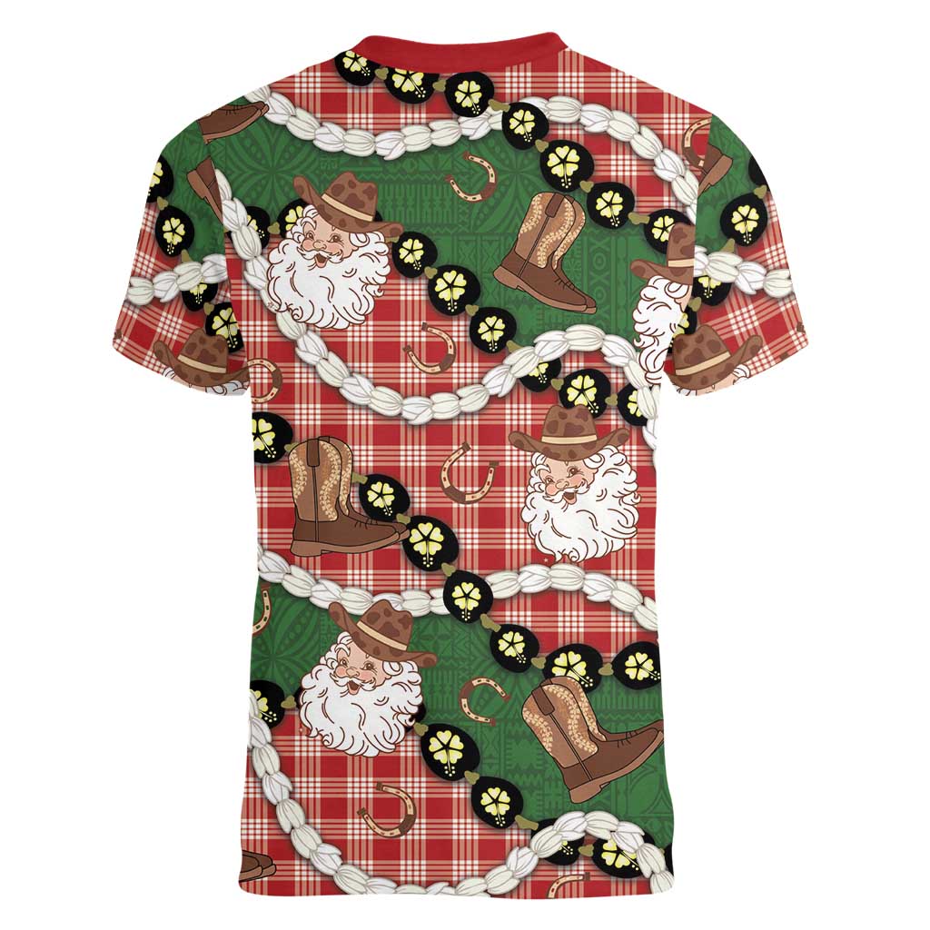 Cowboy Hawaii Mele Kalikimaka Women V-Neck T-Shirt Paniolo Kukui Nut Pikake Lei Red Version LT14 - Polynesian Pride