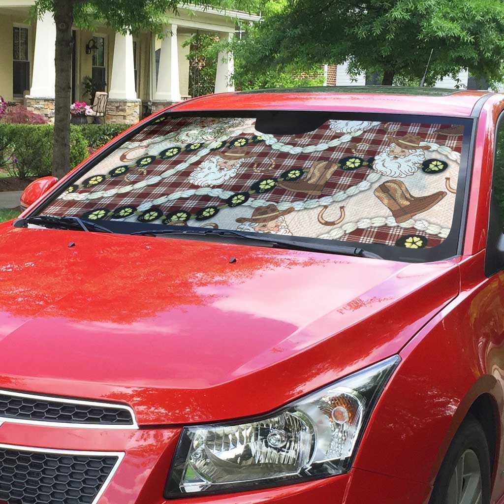 Cowboy Hawaii Mele Kalikimaka Auto Sun Shade Paniolo Kukui Nut Pikake Lei Burgundy Version - Polynesian Pride