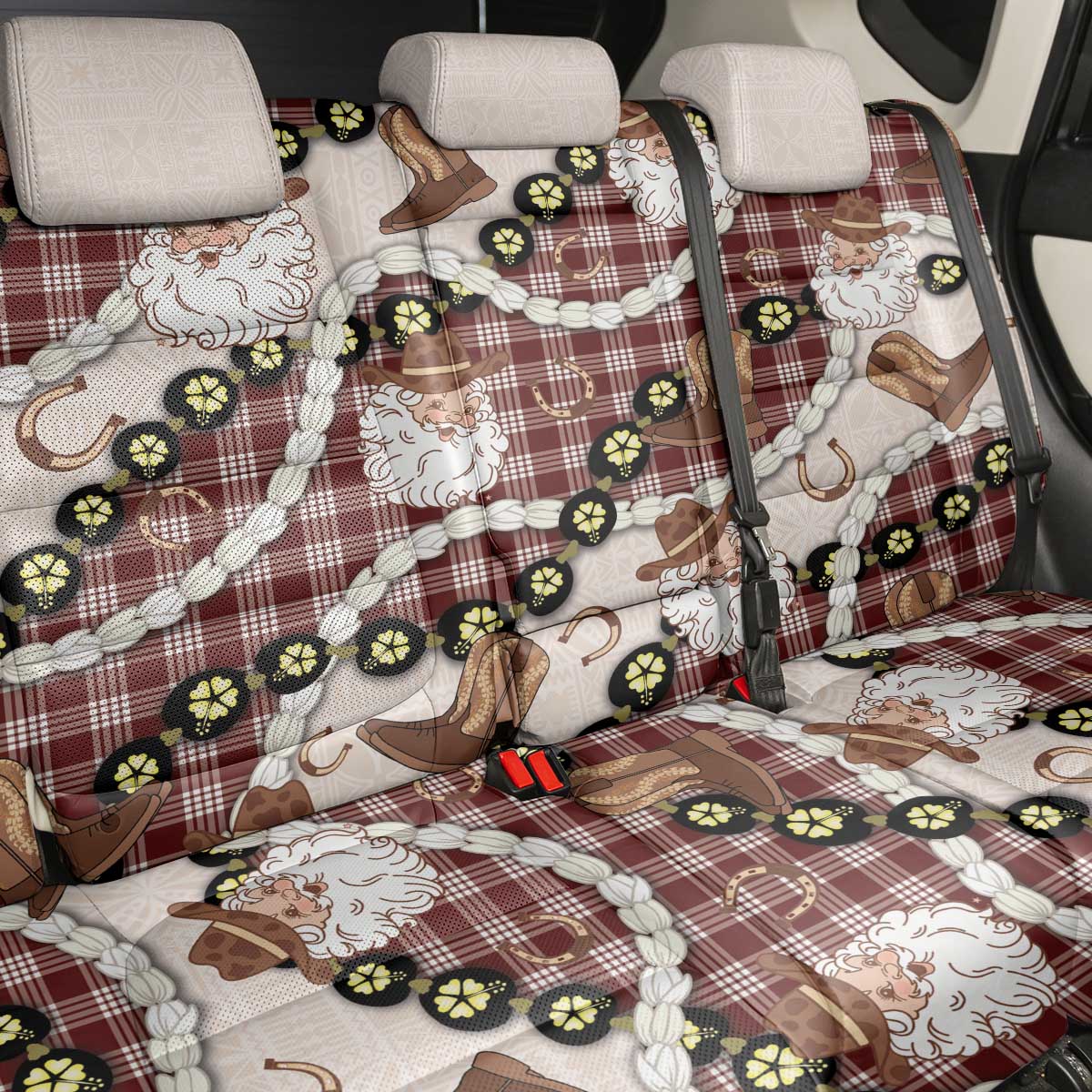 Cowboy Hawaii Mele Kalikimaka Back Car Seat Cover Paniolo Kukui Nut Pikake Lei Burgundy Version LT14 - Polynesian Pride