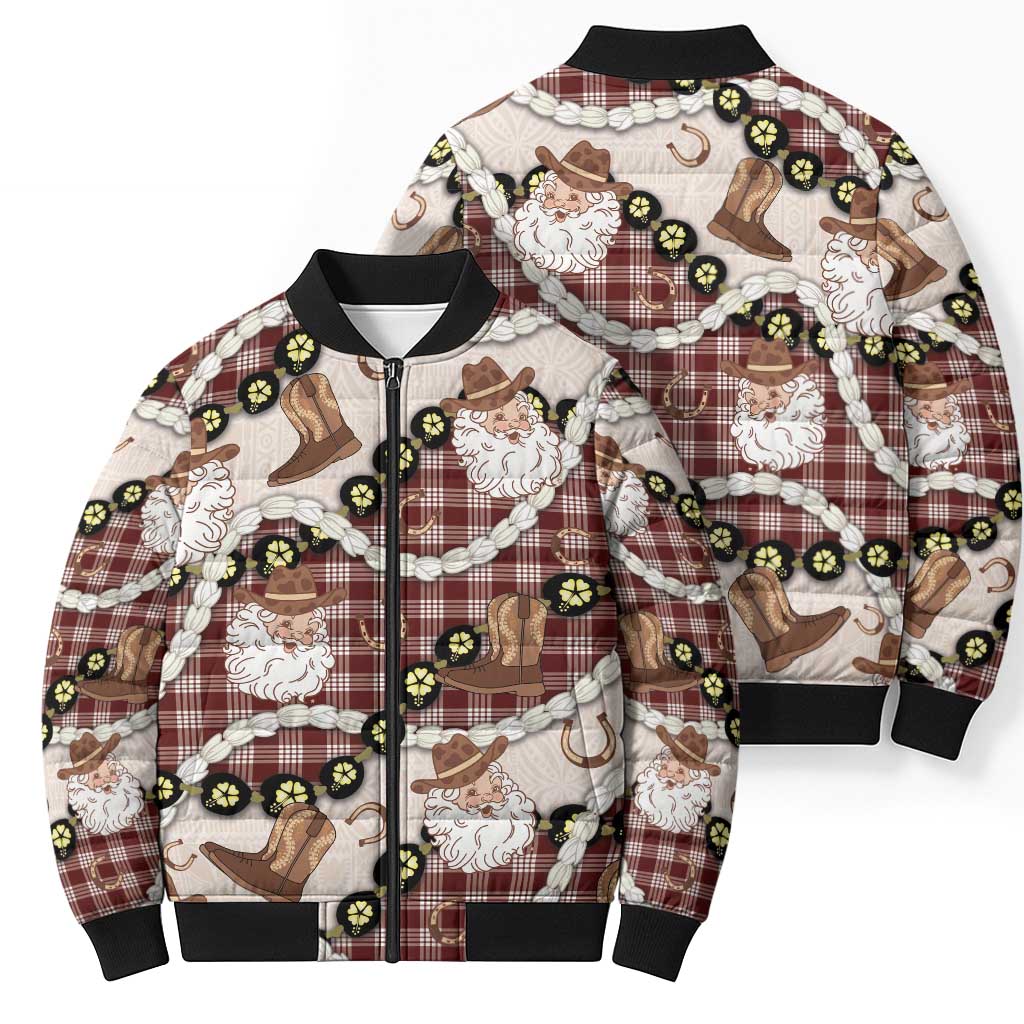 Cowboy Hawaii Mele Kalikimaka Bomber Puffer Jacket Paniolo Kukui Nut Pikake Lei Burgundy Version LT14 - Polynesian Pride
