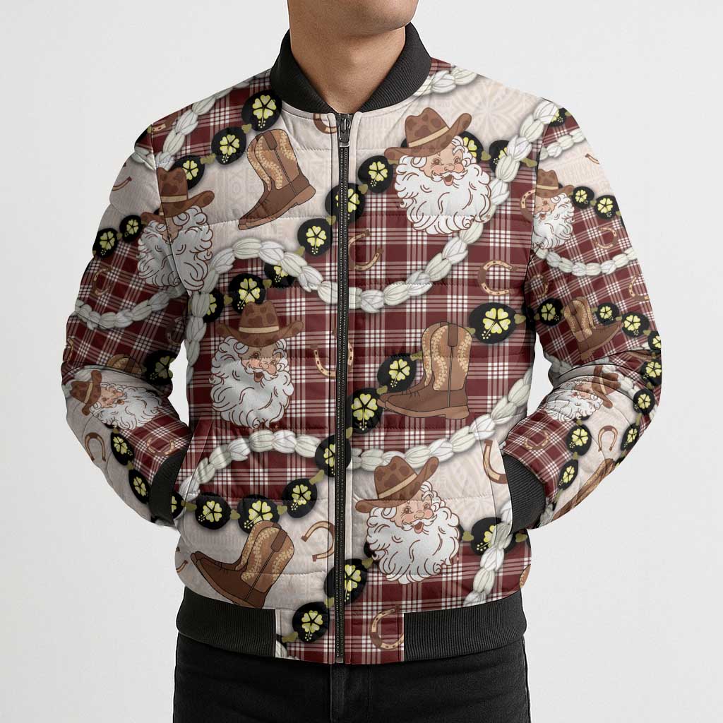 Cowboy Hawaii Mele Kalikimaka Bomber Puffer Jacket Paniolo Kukui Nut Pikake Lei Burgundy Version LT14 - Polynesian Pride
