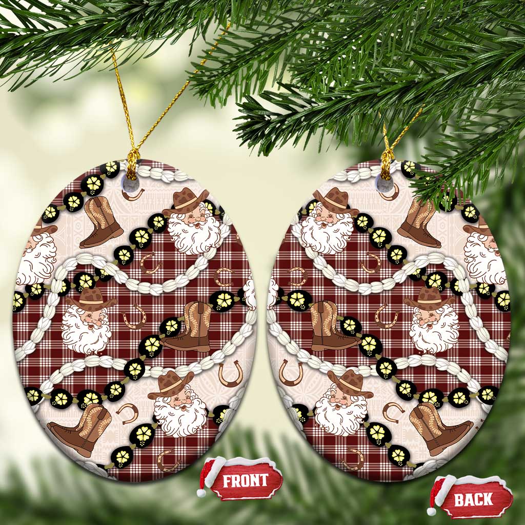 Cowboy Hawaii Mele Kalikimaka Ceramic Ornament Paniolo Kukui Nut Pikake Lei Burgundy Version LT14 Oval Burgundy - Polynesian Pride
