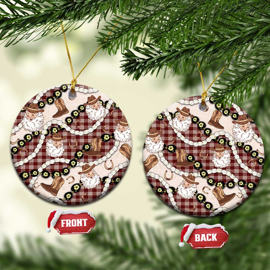 Cowboy Hawaii Mele Kalikimaka Ceramic Ornament Paniolo Kukui Nut Pikake Lei Burgundy Version LT14 Circle Burgundy - Polynesian Pride