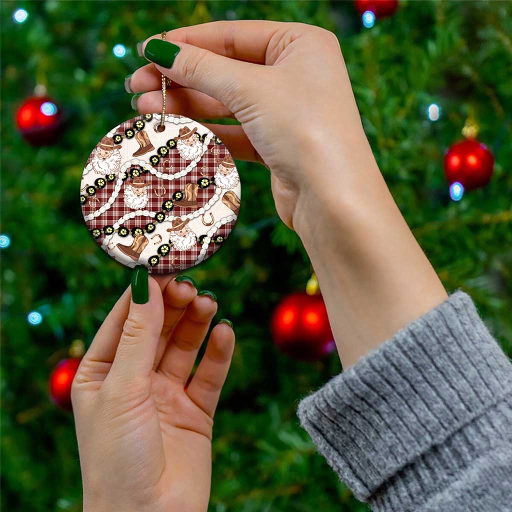 Cowboy Hawaii Mele Kalikimaka Ceramic Ornament Paniolo Kukui Nut Pikake Lei Burgundy Version LT14 - Polynesian Pride