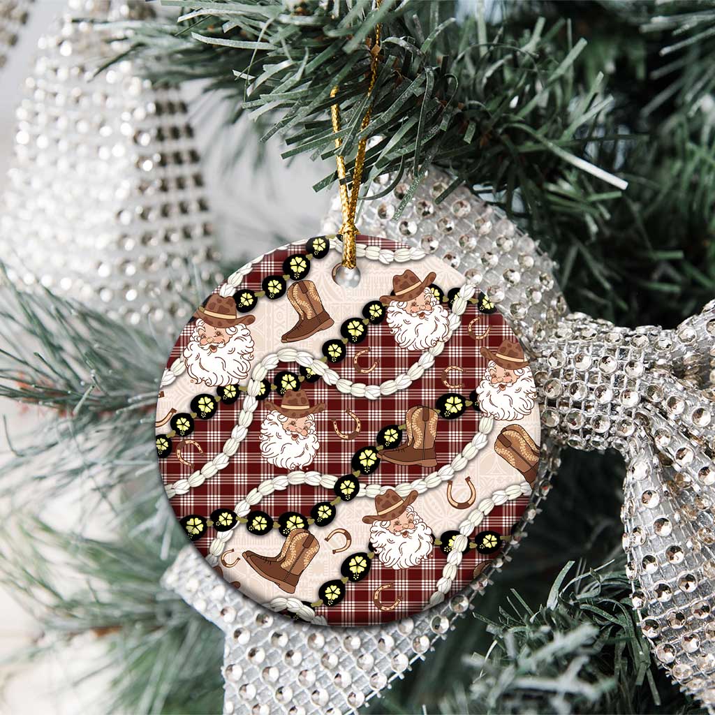 Cowboy Hawaii Mele Kalikimaka Ceramic Ornament Paniolo Kukui Nut Pikake Lei Burgundy Version LT14 - Polynesian Pride