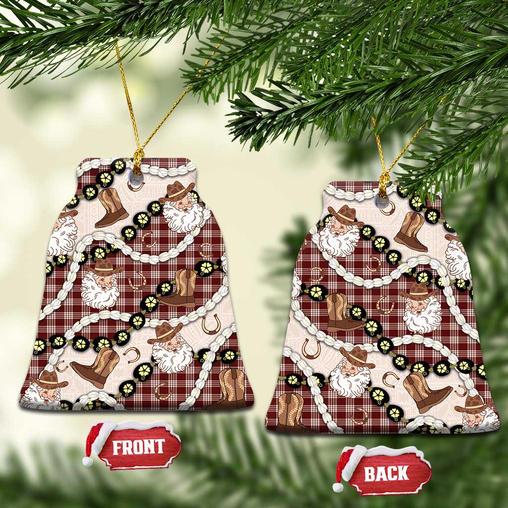 Cowboy Hawaii Mele Kalikimaka Ceramic Ornament Paniolo Kukui Nut Pikake Lei Burgundy Version LT14 Bell Flake Burgundy - Polynesian Pride