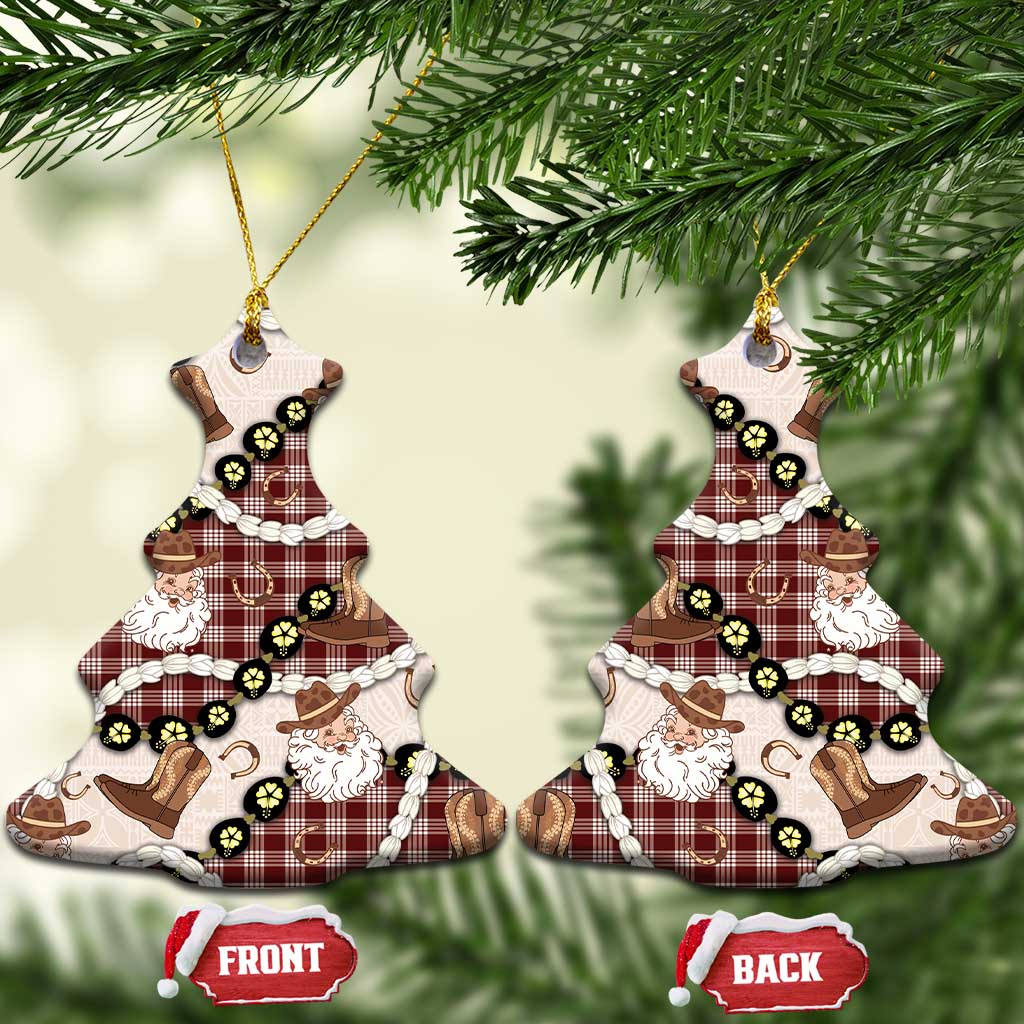 Cowboy Hawaii Mele Kalikimaka Ceramic Ornament Paniolo Kukui Nut Pikake Lei Burgundy Version LT14 Christmas Tree Burgundy - Polynesian Pride