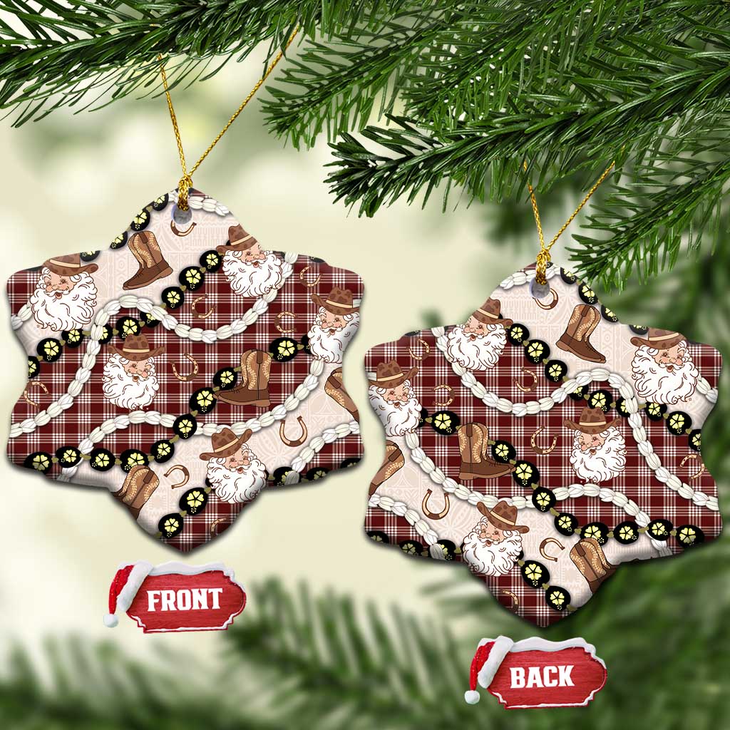 Cowboy Hawaii Mele Kalikimaka Ceramic Ornament Paniolo Kukui Nut Pikake Lei Burgundy Version LT14 Snow Flake Burgundy - Polynesian Pride