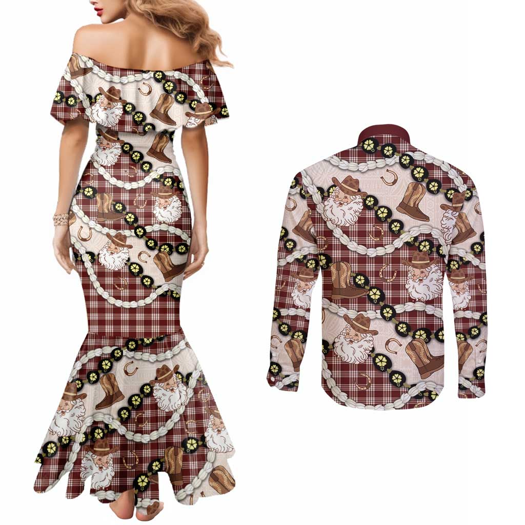 Cowboy Hawaii Mele Kalikimaka Couples Matching Mermaid Dress and Long Sleeve Button Shirt Paniolo Kukui Nut Pikake Lei Burgundy Version LT14 - Polynesian Pride