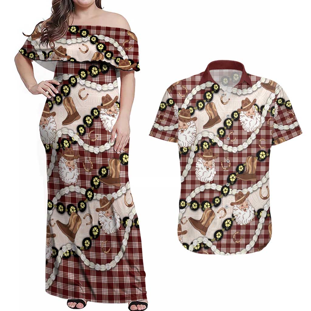 Cowboy Hawaii Mele Kalikimaka Couples Matching Off Shoulder Maxi Dress and Hawaiian Shirt Paniolo Kukui Nut Pikake Lei Burgundy Version - Polynesian Pride