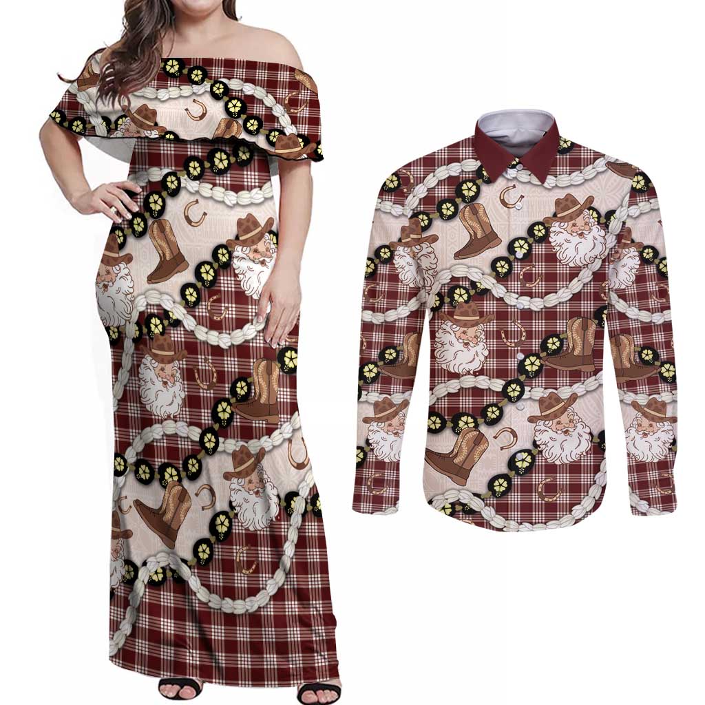 Cowboy Hawaii Mele Kalikimaka Couples Matching Off Shoulder Maxi Dress and Long Sleeve Button Shirt Paniolo Kukui Nut Pikake Lei Burgundy Version LT14 Burgundy - Polynesian Pride