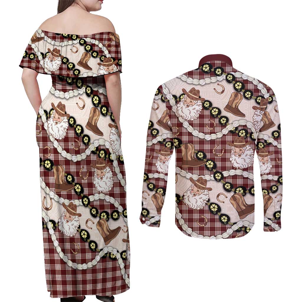 Cowboy Hawaii Mele Kalikimaka Couples Matching Off Shoulder Maxi Dress and Long Sleeve Button Shirt Paniolo Kukui Nut Pikake Lei Burgundy Version LT14 - Polynesian Pride