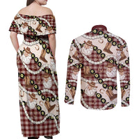 Cowboy Hawaii Mele Kalikimaka Couples Matching Off Shoulder Maxi Dress and Long Sleeve Button Shirt Paniolo Kukui Nut Pikake Lei Burgundy Version LT14 - Polynesian Pride
