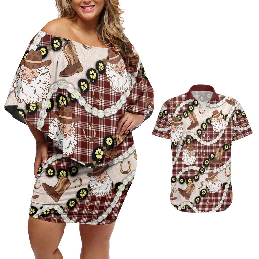 Cowboy Hawaii Mele Kalikimaka Couples Matching Off Shoulder Short Dress and Hawaiian Shirt Paniolo Kukui Nut Pikake Lei Burgundy Version LT14 Burgundy - Polynesian Pride