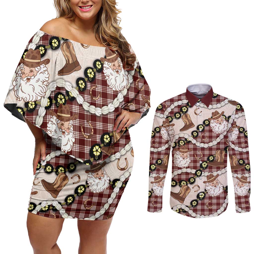 Cowboy Hawaii Mele Kalikimaka Couples Matching Off Shoulder Short Dress and Long Sleeve Button Shirt Paniolo Kukui Nut Pikake Lei Burgundy Version LT14 Burgundy - Polynesian Pride