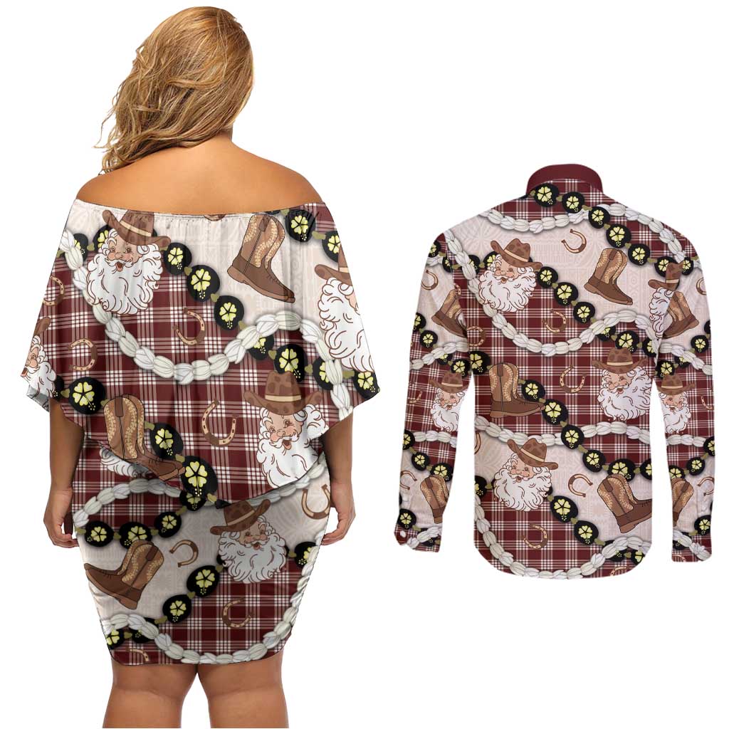 Cowboy Hawaii Mele Kalikimaka Couples Matching Off Shoulder Short Dress and Long Sleeve Button Shirt Paniolo Kukui Nut Pikake Lei Burgundy Version LT14 - Polynesian Pride