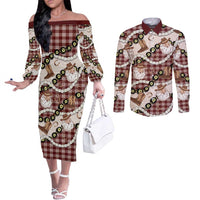 Cowboy Hawaii Mele Kalikimaka Couples Matching Off The Shoulder Long Sleeve Dress and Long Sleeve Button Shirt Paniolo Kukui Nut Pikake Lei Burgundy Version LT14 Burgundy - Polynesian Pride