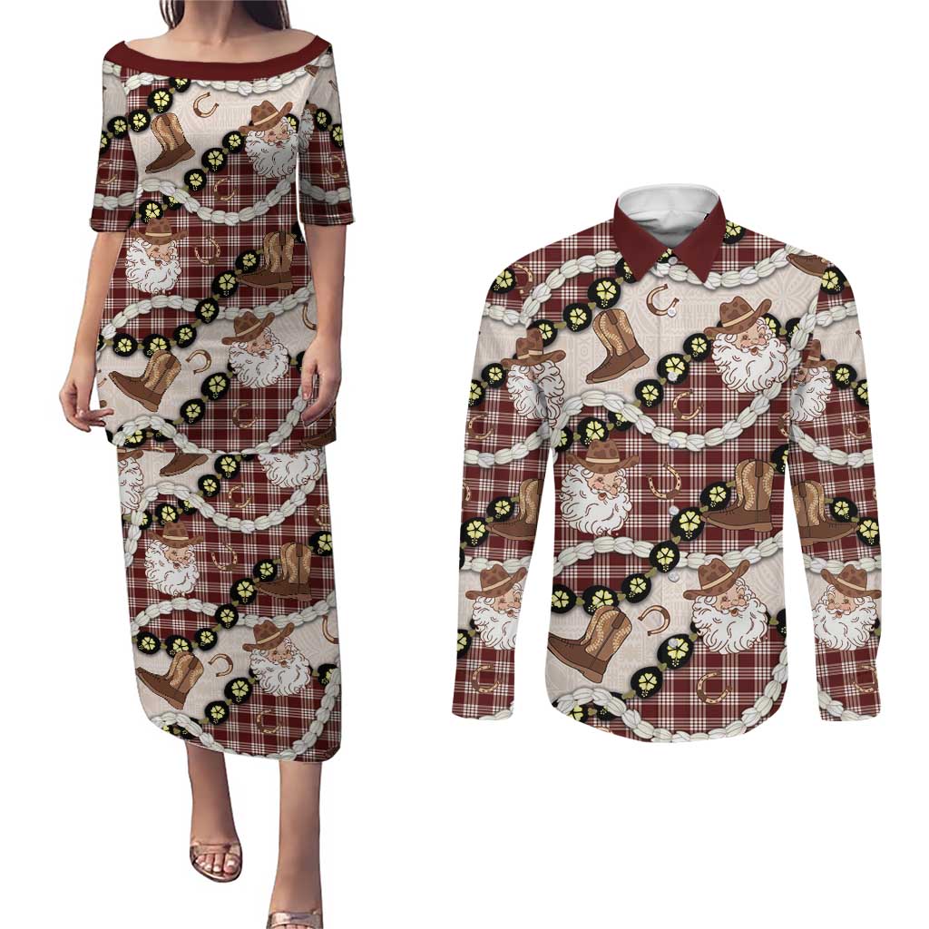 Cowboy Hawaii Mele Kalikimaka Couples Matching Puletasi and Long Sleeve Button Shirt Paniolo Kukui Nut Pikake Lei Burgundy Version LT14 Burgundy - Polynesian Pride
