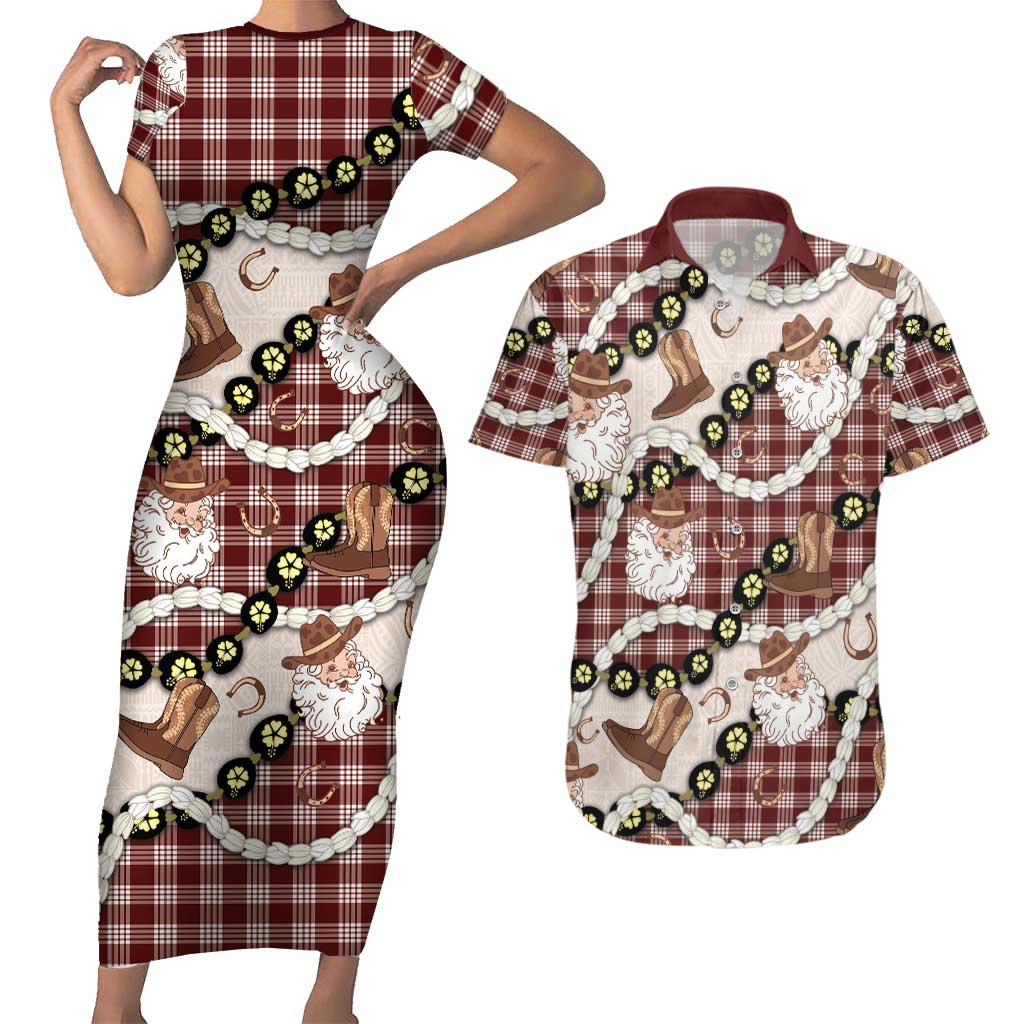 Cowboy Hawaii Mele Kalikimaka Couples Matching Short Sleeve Bodycon Dress and Hawaiian Shirt Paniolo Kukui Nut Pikake Lei Burgundy Version LT14 Burgundy - Polynesian Pride