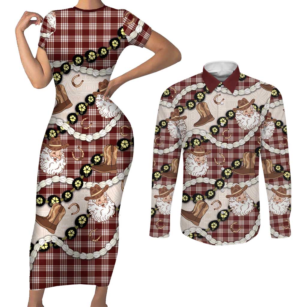 Cowboy Hawaii Mele Kalikimaka Couples Matching Short Sleeve Bodycon Dress and Long Sleeve Button Shirt Paniolo Kukui Nut Pikake Lei Burgundy Version LT14 Burgundy - Polynesian Pride