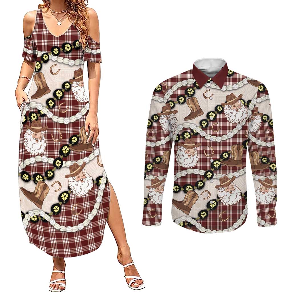 Cowboy Hawaii Mele Kalikimaka Couples Matching Summer Maxi Dress and Long Sleeve Button Shirt Paniolo Kukui Nut Pikake Lei Burgundy Version - Polynesian Pride