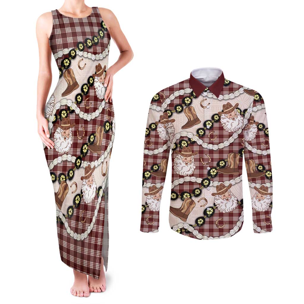 Cowboy Hawaii Mele Kalikimaka Couples Matching Tank Maxi Dress and Long Sleeve Button Shirt Paniolo Kukui Nut Pikake Lei Burgundy Version LT14 Burgundy - Polynesian Pride