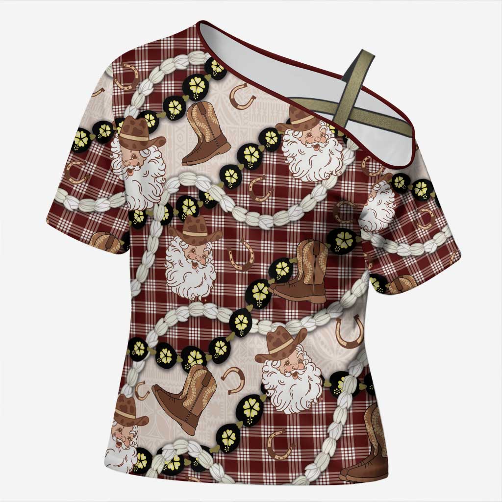 Cowboy Hawaii Mele Kalikimaka Cross Shoulder Shirt Paniolo Kukui Nut Pikake Lei Burgundy Version LT14 Female Burgundy - Polynesian Pride