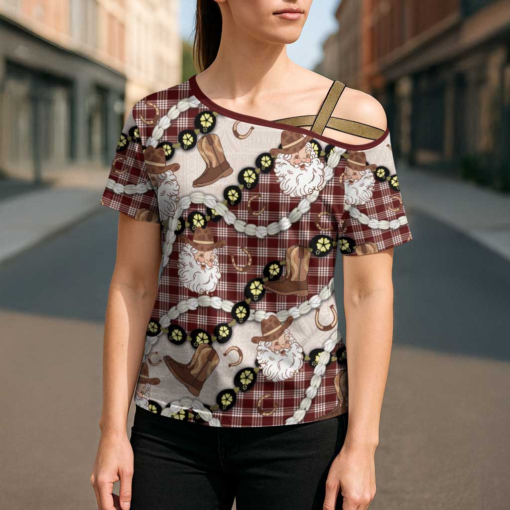 Cowboy Hawaii Mele Kalikimaka Cross Shoulder Shirt Paniolo Kukui Nut Pikake Lei Burgundy Version LT14 - Polynesian Pride