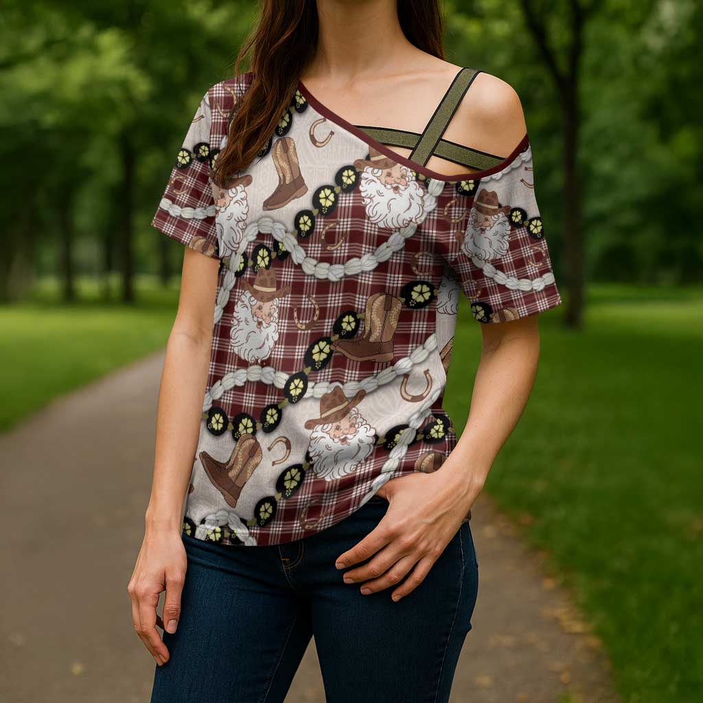 Cowboy Hawaii Mele Kalikimaka Cross Shoulder Shirt Paniolo Kukui Nut Pikake Lei Burgundy Version LT14 - Polynesian Pride