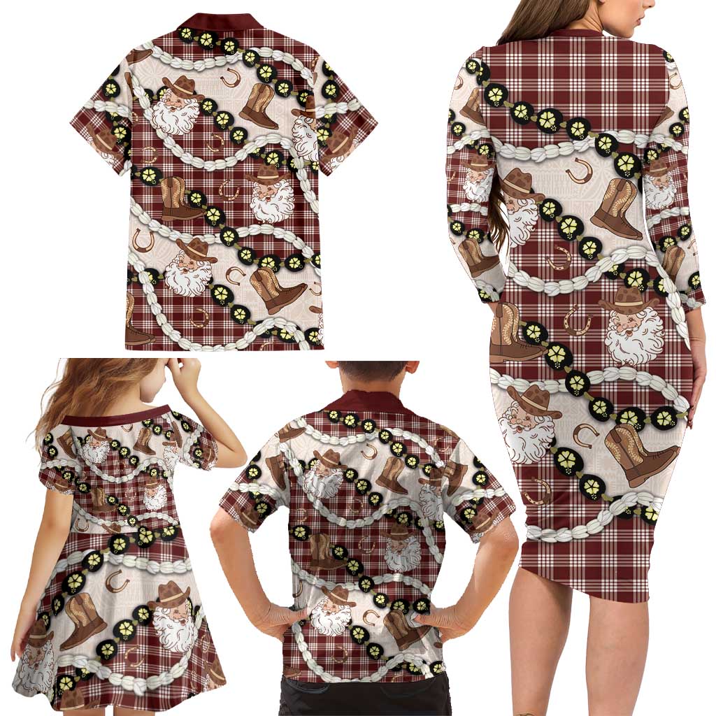 Cowboy Hawaii Mele Kalikimaka Family Matching Long Sleeve Bodycon Dress and Hawaiian Shirt Paniolo Kukui Nut Pikake Lei Burgundy Version LT14 - Polynesian Pride