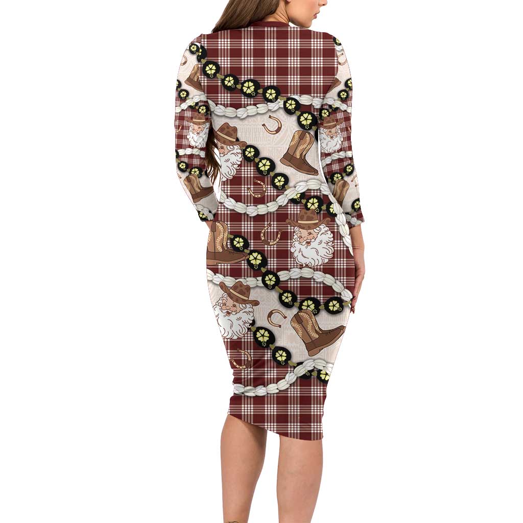 Cowboy Hawaii Mele Kalikimaka Family Matching Long Sleeve Bodycon Dress and Hawaiian Shirt Paniolo Kukui Nut Pikake Lei Burgundy Version LT14 - Polynesian Pride
