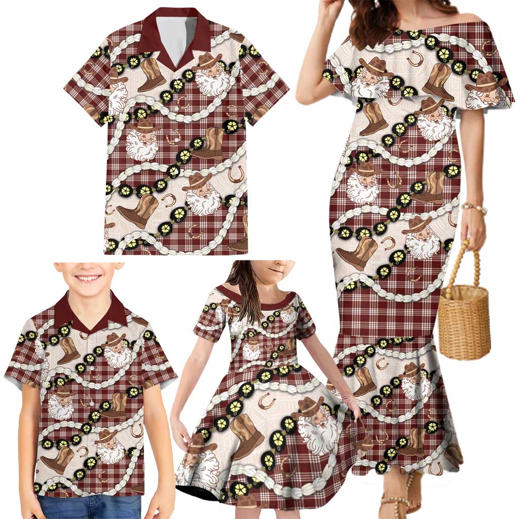 Cowboy Hawaii Mele Kalikimaka Family Matching Mermaid Dress and Hawaiian Shirt Paniolo Kukui Nut Pikake Lei Burgundy Version LT14 - Polynesian Pride