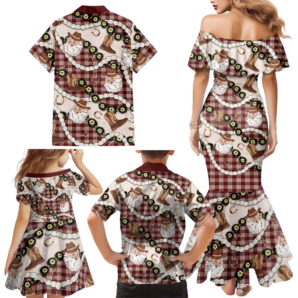 Cowboy Hawaii Mele Kalikimaka Family Matching Mermaid Dress and Hawaiian Shirt Paniolo Kukui Nut Pikake Lei Burgundy Version LT14 - Polynesian Pride