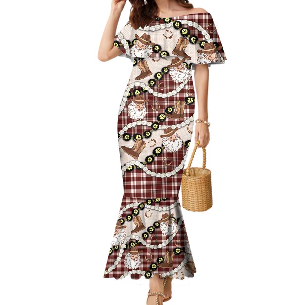 Cowboy Hawaii Mele Kalikimaka Family Matching Mermaid Dress and Hawaiian Shirt Paniolo Kukui Nut Pikake Lei Burgundy Version LT14 Mom's Dress Burgundy - Polynesian Pride