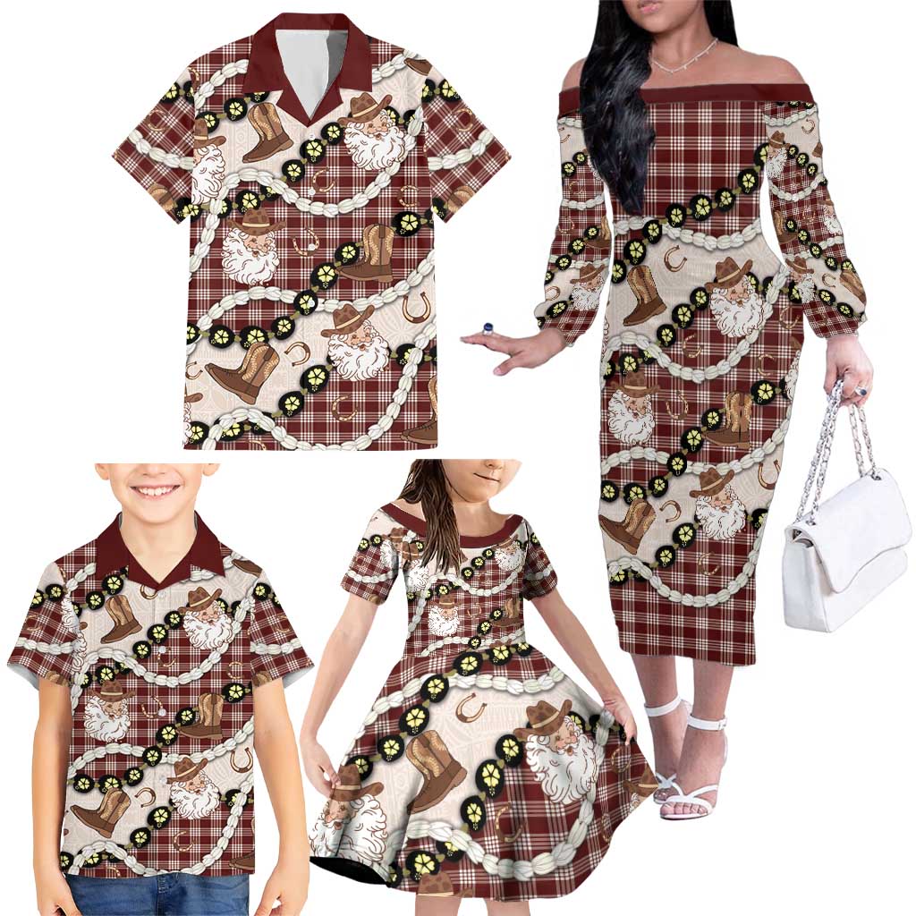 Cowboy Hawaii Mele Kalikimaka Family Matching Off The Shoulder Long Sleeve Dress and Hawaiian Shirt Paniolo Kukui Nut Pikake Lei Burgundy Version LT14 - Polynesian Pride