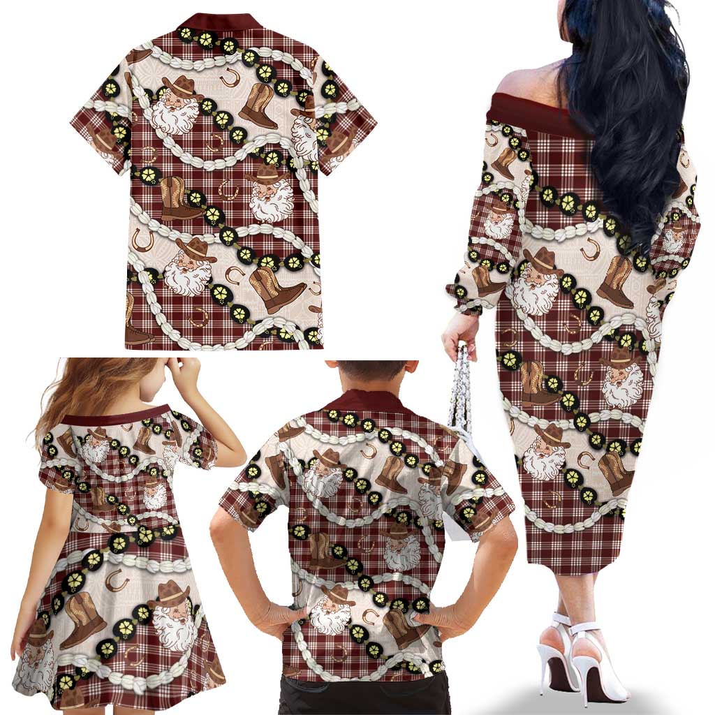 Cowboy Hawaii Mele Kalikimaka Family Matching Off The Shoulder Long Sleeve Dress and Hawaiian Shirt Paniolo Kukui Nut Pikake Lei Burgundy Version LT14 - Polynesian Pride