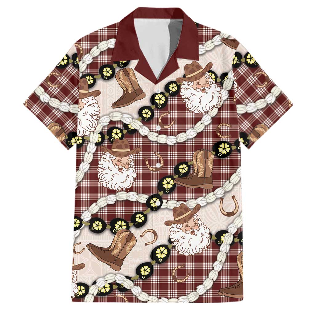 Cowboy Hawaii Mele Kalikimaka Family Matching Off The Shoulder Long Sleeve Dress and Hawaiian Shirt Paniolo Kukui Nut Pikake Lei Burgundy Version LT14 Dad's Shirt - Short Sleeve Burgundy - Polynesian Pride